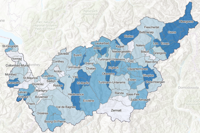 carte du Valais avec les différentes communes